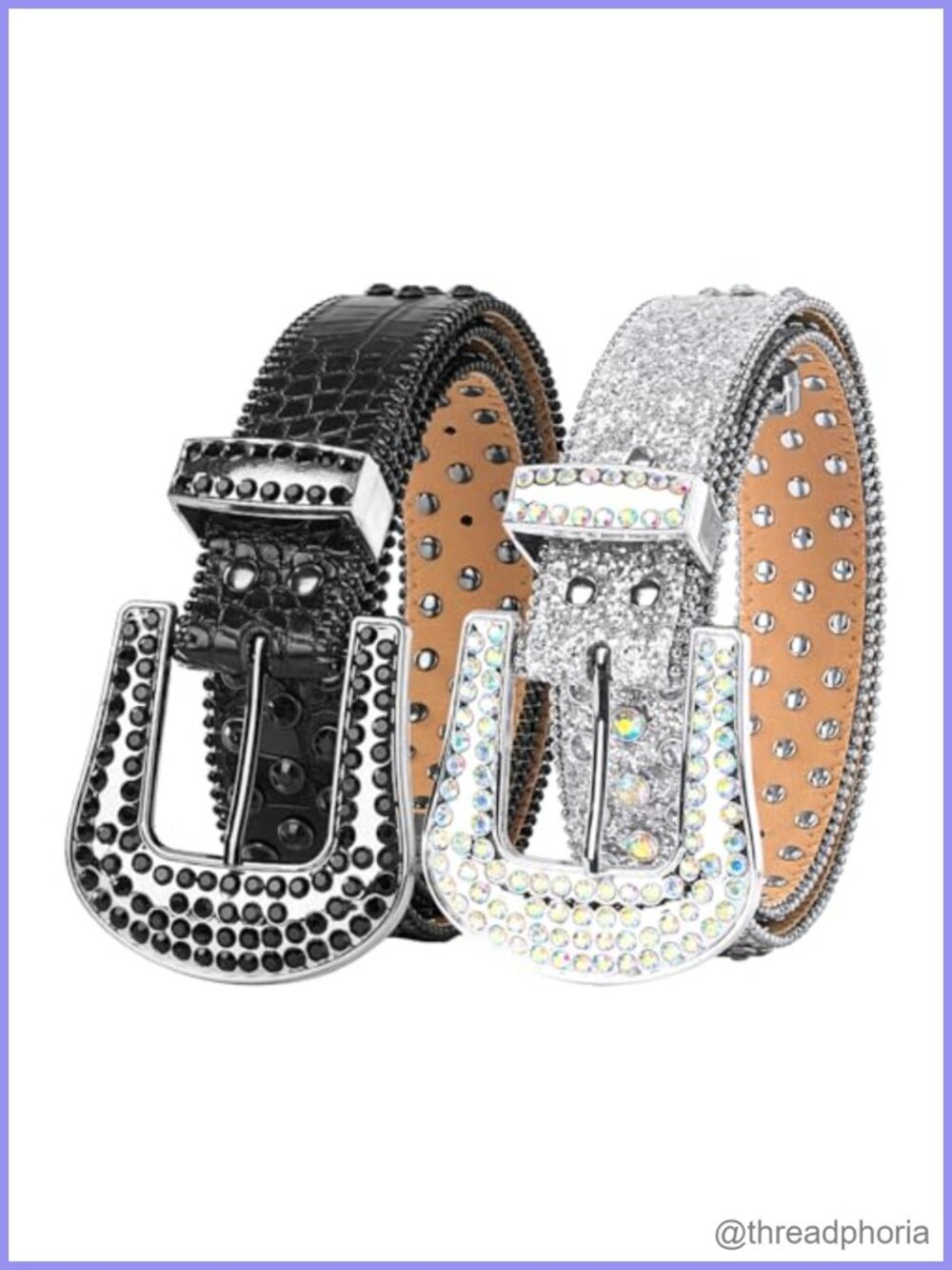 2 Pack Rhinestone Belt Microfiber Leather Studded Western Bling Waist Belt